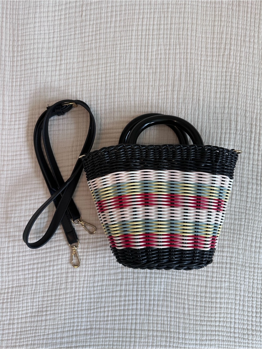 Zara Small Multicolor Striped Woven Wicker Resin Handle Drawstring - Picture 7 of 9